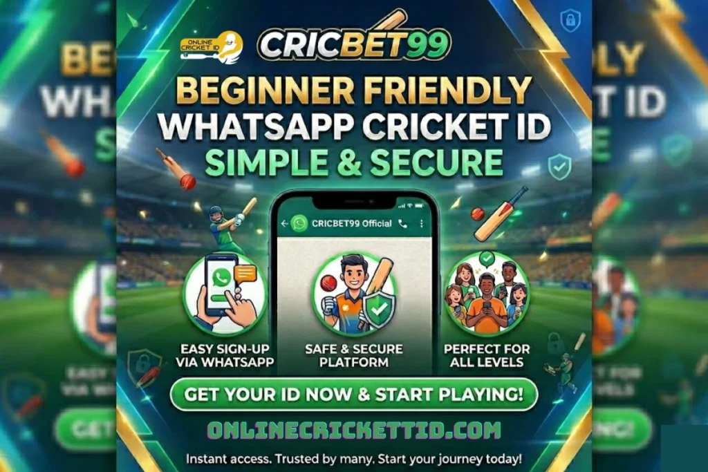Beginner-friendly Cricbet99 WhatsApp Cricket ID banner showing easy signup, secure platform, and Online Cricket ID access for IPL betting users with simple and safe process.