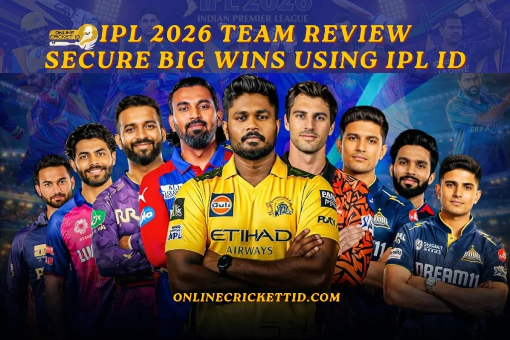 The image features a promotional banner for the IPL 2026 cricket season. At the top, bold yellow text reads "IPL 2026 Team Review Secure Big Wins Using IPL ID" with a small logo of "Online Cricket ID" beside it. Below the text, nine male cricket players stand side-by-side, each wearing their respective IPL team jerseys in various colors including yellow, blue, purple, red, pink, and orange. The player in the center wears a bright yellow jersey with "ETIHAD AIRWAYS" sponsorship, standing confidently with arms crossed. At the bottom, the website "ONLINECRICKETID.COM" is displayed in yellow text. The background is a blue-toned collage of cricket action shots, emphasizing the IPL cricket theme.