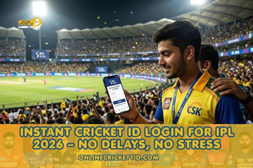 Fan at IPL 2026 stadium holding smartphone showing instant Cricket ID login, promoting fast and hassle-free access with no delays or stress for online cricket ID users.
