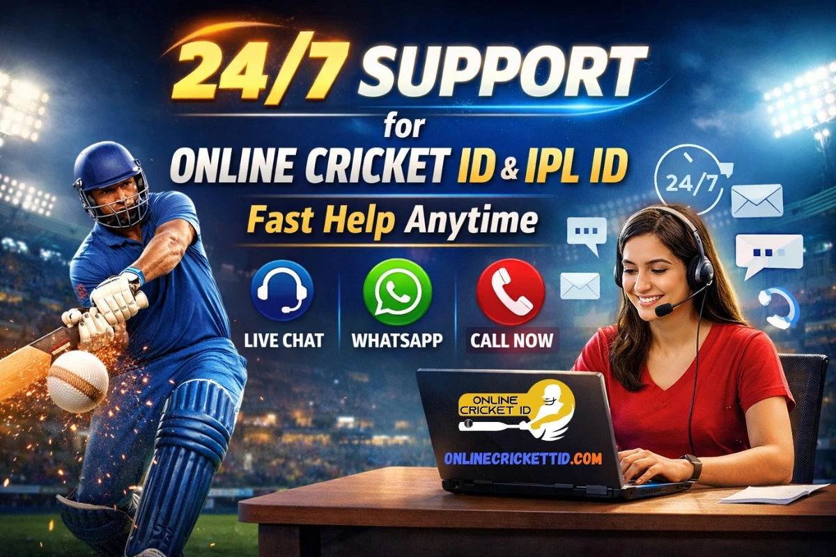 24/7 support banner for IPL Betting ID and Online Cricket ID services, featuring a cricketer playing a shot in a stadium and a customer support agent with a headset working on a laptop. The image highlights “Fast Help Anytime” with options for live chat, WhatsApp, and call support, along with the Online Cricket ID logo and website onlinecricketid.com.
