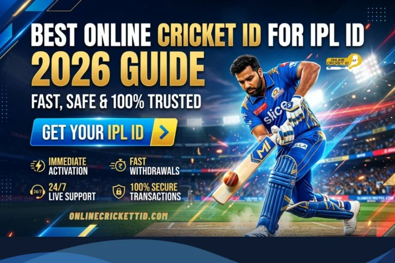 A promotional IPL 2026 banner featuring a cricketer in a blue uniform playing a powerful shot in a stadium under bright lights. The text reads “Best Online Cricket ID for IPL 2026 Guide – Fast, Safe & 100% Trusted,” with a call-to-action button “Get Your IPL ID.” It highlights features like instant activation, fast withdrawals, 24/7 live support, and secure transactions, along with the “Online Cricket ID” logo and the website “onlinecricketid.com.”