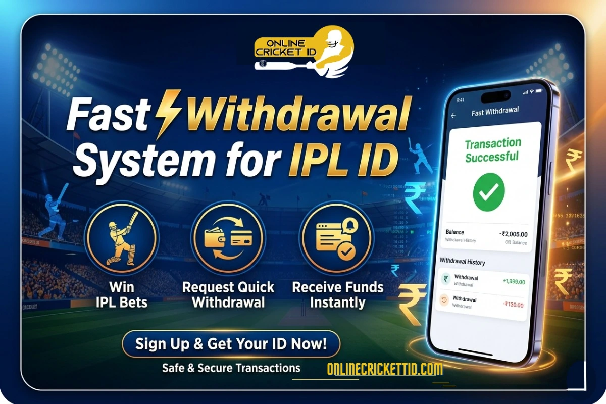 Fast withdrawal system for IPL Betting ID on Online Cricket ID, featuring a mobile screen showing a successful transaction and instant payout. The banner highlights quick withdrawal requests, instant fund transfers, and secure transactions, with steps to win IPL bets, request withdrawal, and receive funds quickly, along with the website onlinecricketid.com.