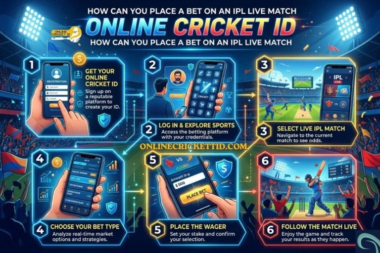 An infographic titled “Online Cricket ID – How Can You Place a Bet on an IPL Live Match,” showing a six-step process for using an IPL Betting ID. Step 1: register and get your online cricket ID, Step 2: log in and explore sports, Step 3: select a live IPL match, Step 4: choose your bet type, Step 5: place your wager, and Step 6: follow the match live. The design features smartphone screens, cricket scenes, and stadium visuals, along with the “Online Cricket ID” logo and the website “onlinecricketid.com.”
