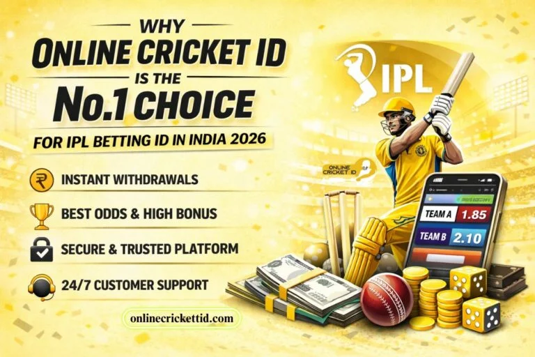 Promotional banner showing why Online Cricket ID is the No.1 choice for IPL Betting ID in India 2026, featuring a cricket player, mobile betting app, cash, coins, and highlights like instant withdrawals, best odds, secure platform, and 24/7 support.