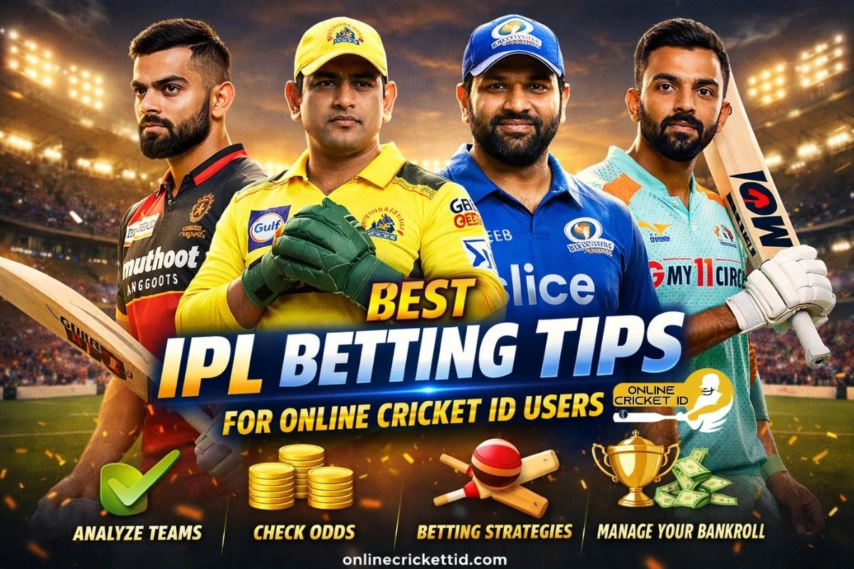 Best IPL Betting Tips for Online Cricket ID users, featuring top cricket players in a stadium background. The banner highlights key IPL Betting ID strategies such as analyzing teams, checking odds, using smart betting strategies, and managing bankroll, along with the Online Cricket ID logo and website onlinecricketid.com.