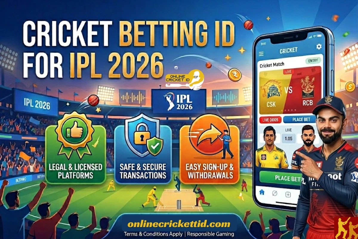 Promotional banner for cricket betting showing a stadium scene for the Indian Premier League 2026, with a mobile app displaying a live match between CSK and RCB, icons highlighting legal platforms, secure transactions, and easy withdrawals, along with an Online Cricket ID logo and website link.