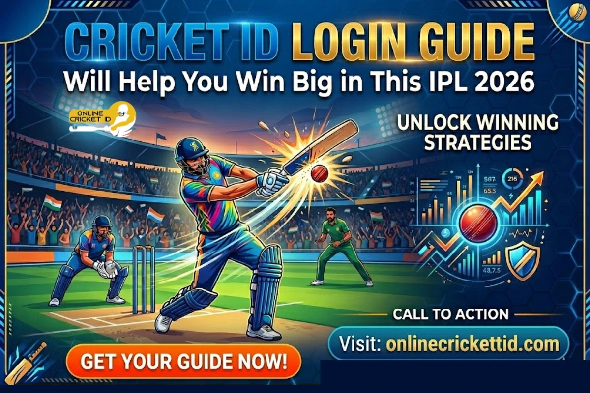 Illustration of a cricket match in a packed stadium showing a batsman hitting a powerful shot, with text reading “Cricket ID Login Guide Will Help You Win Big in This IPL 2026,” alongside graphics of analytics, charts, and the phrases “Unlock Winning Strategies” and “Get Your Guide Now,” promoting onlinecricketid.com.