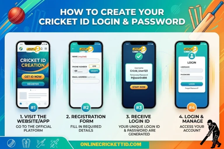 Step-by-step guide to create Cricket ID login and password showing registration form, OTP verification, login ID generation, and account access for Online Cricket ID users.