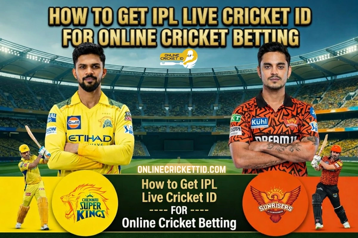 How to get IPL live Cricket ID for online cricket betting banner featuring IPL players in stadium, promoting Online Cricket ID signup for secure betting ID and instant IPL access.