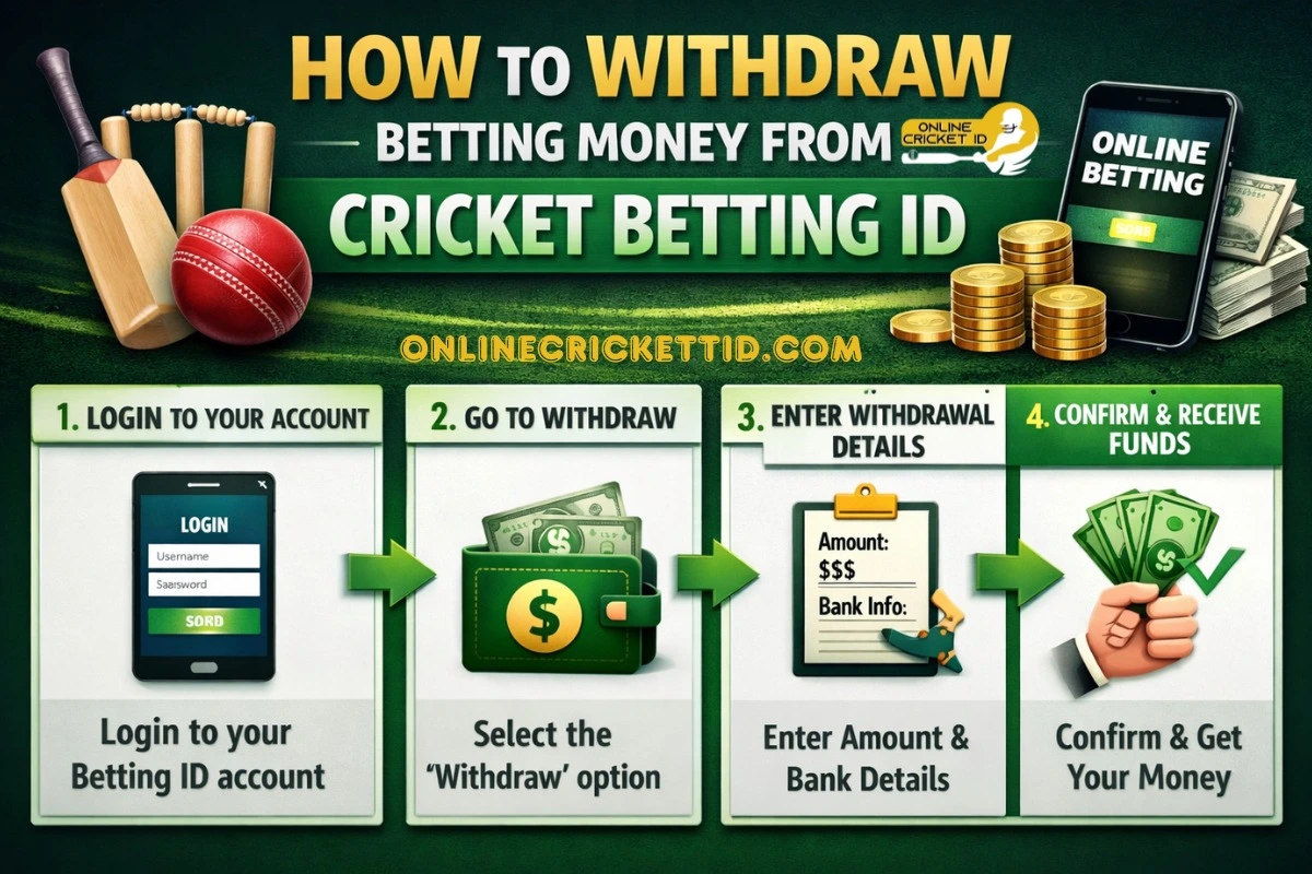 A promotional infographic showing how to withdraw money from an online cricket betting account. The design features cricket equipment (bat, ball, stumps) and a smartphone with cash and coins. It outlines four steps: (1) log in to your betting account, (2) go to the withdraw option, (3) enter withdrawal amount and bank details, and (4) confirm to receive funds. The website “onlinecricketid.com” is displayed prominently.