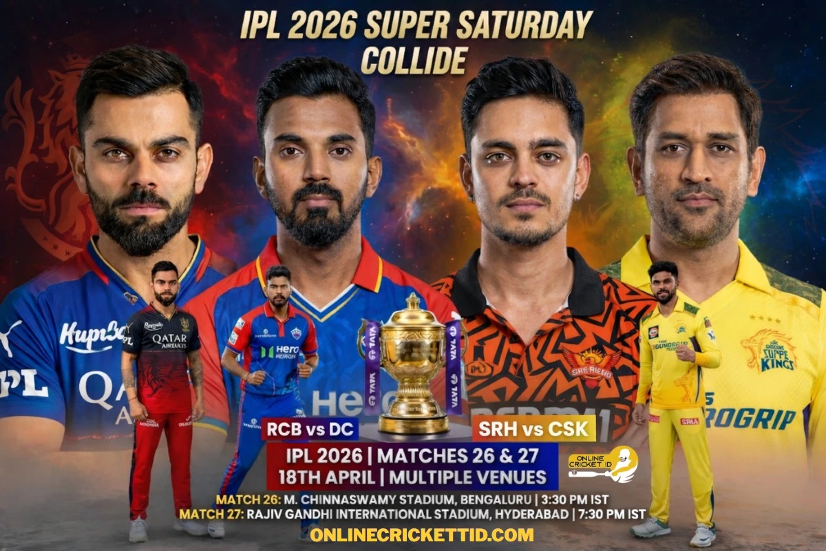 IPL 2026 Super Saturday banner featuring RCB vs DC and SRH vs CSK players with trophy, promoting Best Online Cricket ID for IPL betting, match details, and live cricket action.