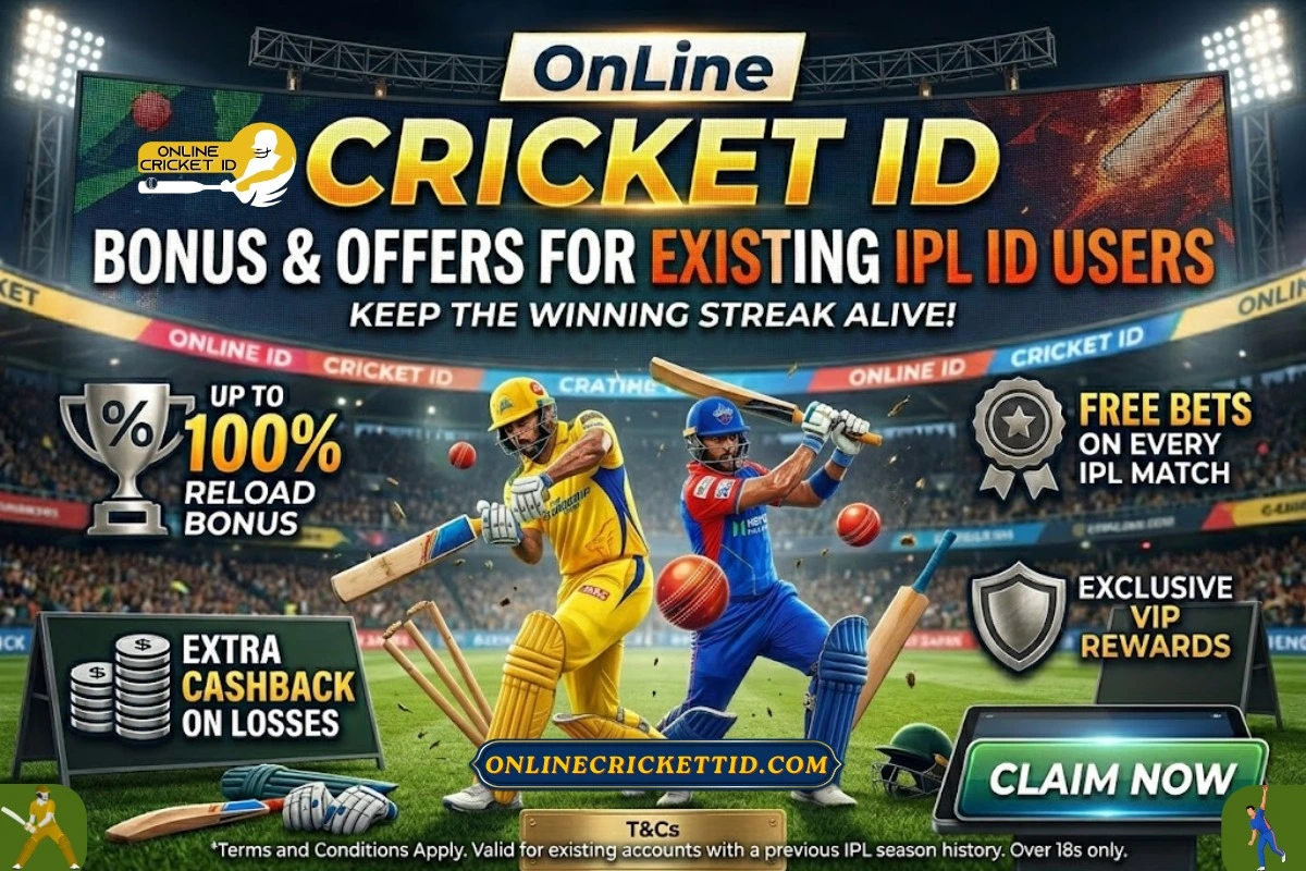Online Cricket ID banner showing IPL match with players batting, promoting online cricket betting ID offers for existing IPL ID users including 100% reload bonus, cashback, free bets, and VIP rewards.