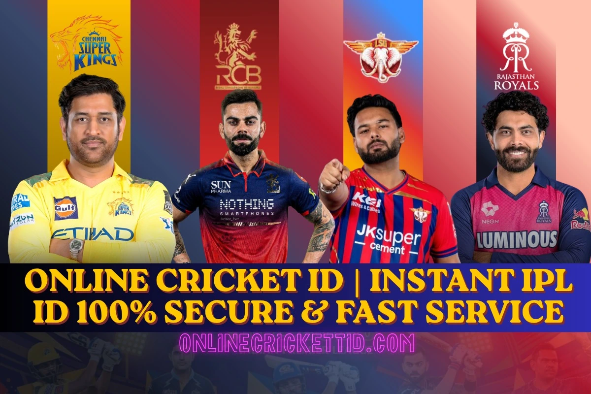 Promotional banner for online cricket ID featuring players from top Indian Premier League teams including Chennai Super Kings, Royal Challengers Bangalore, Punjab Kings, and Rajasthan Royals, with the text “Online Cricket ID | Instant IPL ID 100% Secure & Fast Service” and the website onlinecricketid.com.