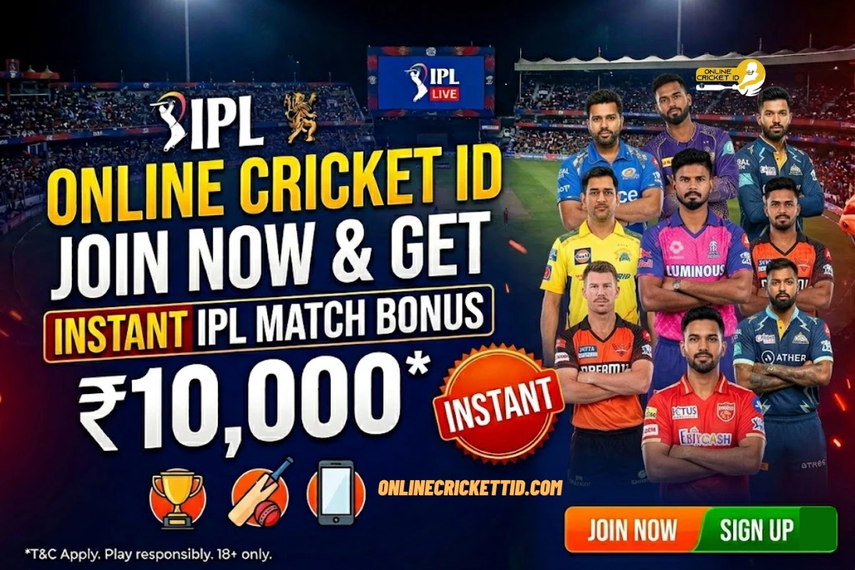 IPL Online Cricket ID banner featuring players in a stadium, promoting Online ID Cricket signup with instant IPL match bonus up to ₹10,000 and quick access.