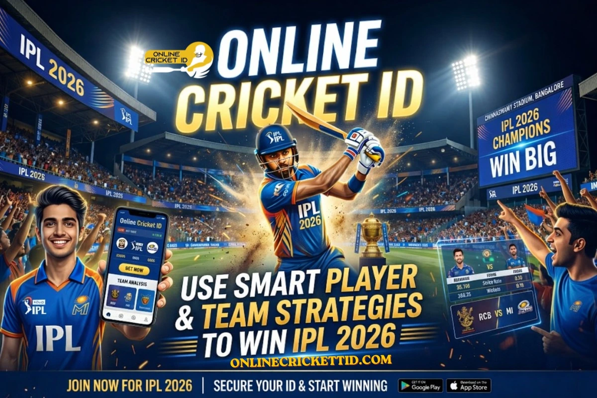 Online Cricket ID banner for IPL 2026 showing player batting in stadium, mobile app interface, and fans, promoting smart team strategies, secure Cricket ID signup, and winning opportunities.