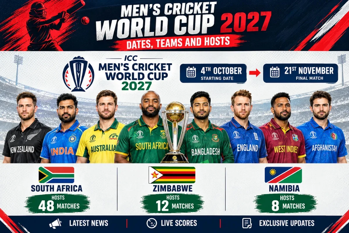 Men's Cricket World Cup 2027 infographic featuring Indian cricket player holding the trophy at center, international players, tournament dates, and host countries South Africa, Zimbabwe, and Namibia.