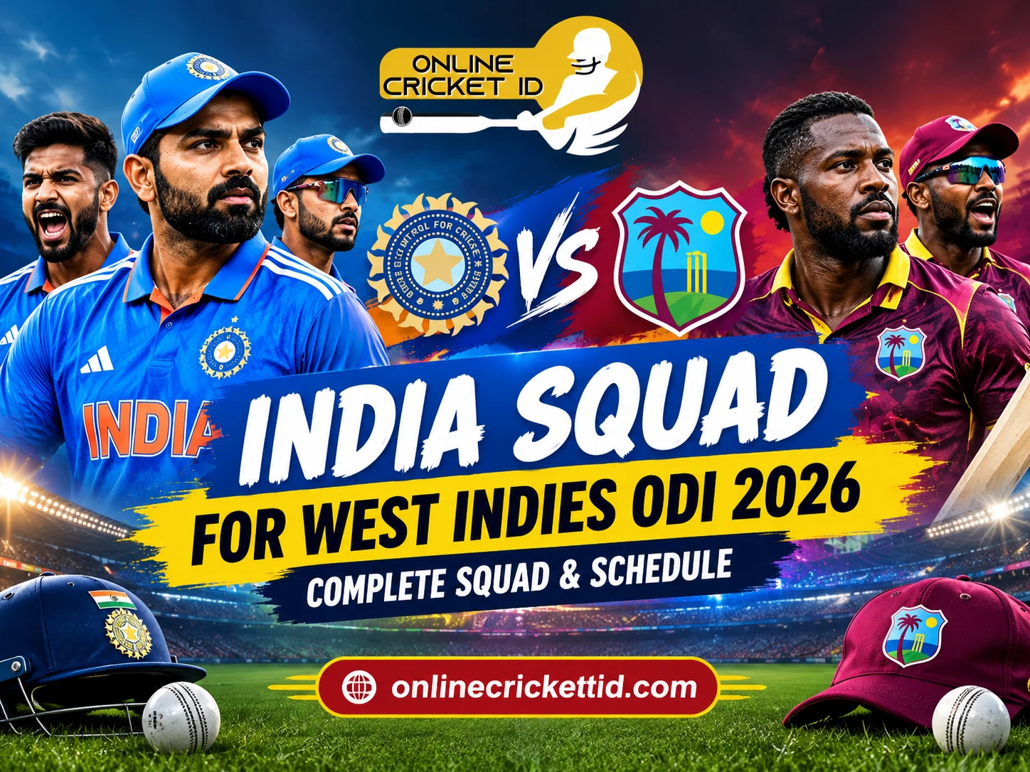 India vs West Indies ODI 2026 graphic featuring both teams, team logos, cricket stadium background, and the headline “India Squad for West Indies ODI 2026: Complete Squad & Schedule,” with onlinecricketid.com branding.