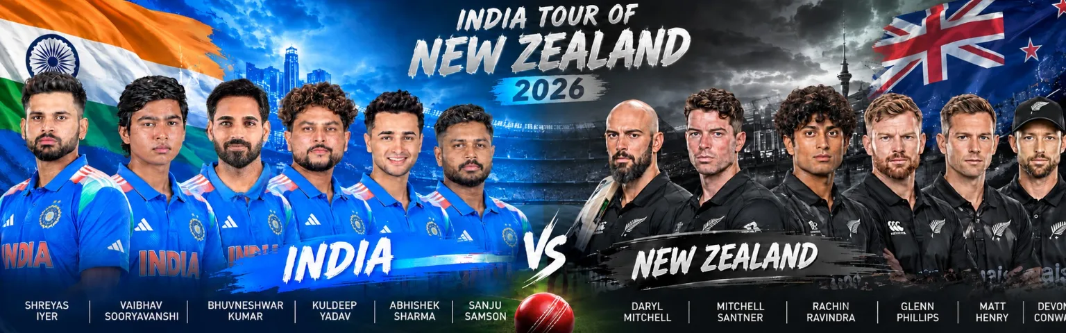 India Tour of New Zealand 2026 cricket poster featuring Indian and New Zealand players, including Bhuvneshwar Kumar, in a stadium-themed promotional banner.